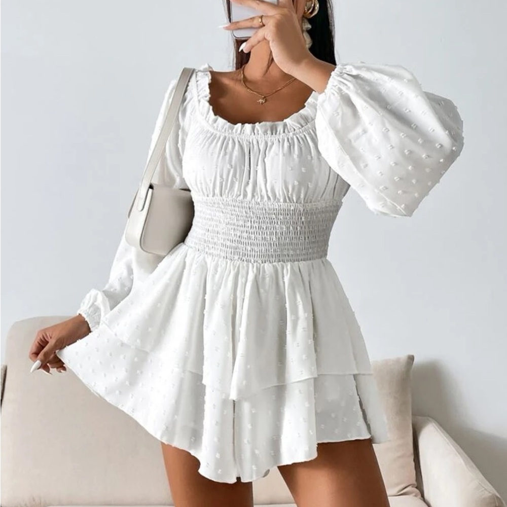 SHEIN VCAY Swiss Dot Lantern Sleeve Shirred Two Layer Hem Chiffon Romper